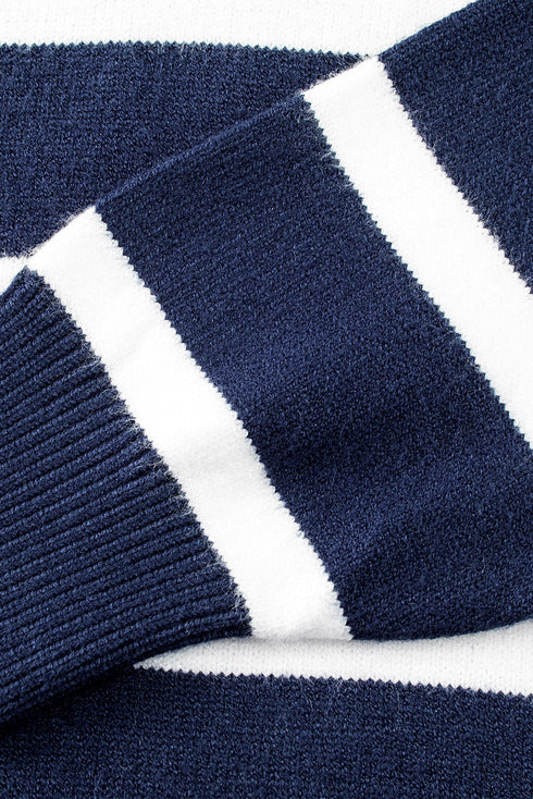 Striped O-Ring Zip Front Collared Drop Shoulder Long Sleeve Sweater Dress